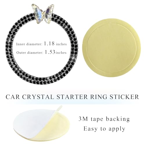 Image of DXNQ Bling Ring Emblem, Sparkling Butterfly Car Buttons and Knobs Ring, Girly Butterfly Diamond Car Engine Start Button Cover, Key Ignition Knob Rings Decoration for Women (Black, Double Row)