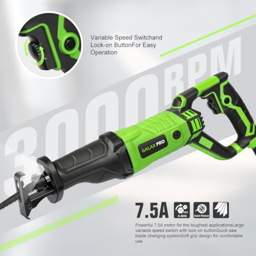 Image of GALAX PRO 900W Reciprocating Saw Variable Speed,Adjustable angle,LED | 0-3000SPM Electric saw with 22mm Stroke & 200mm max Wood Cut Depth, Tool-Free Blade Swap,5 Assorted Blades,for metal /wood /PVC
