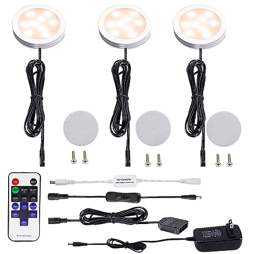 AIBOO Dimmable LED Under Cabinet Puck Lights 3 Lamps Kit with RF Remote Control for Home Kitchen Counter Lighting (Warm White 2700K)