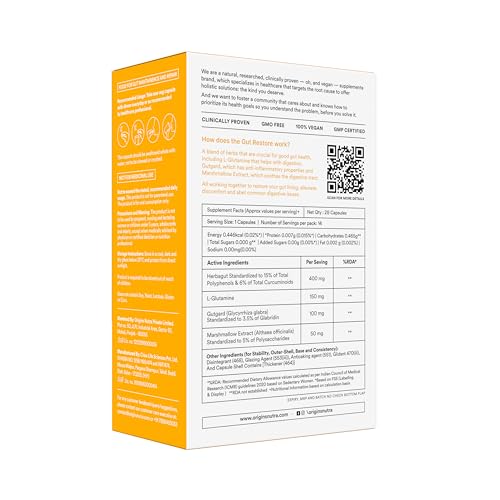 Image of Origins Nutra Gut Restore | Supports Gut Lining & Digestive Health | Eases Bloating, Constipation & IBS | Made with L-Glutamine, Marshmallow, Herbagut & GutGard | 28 Veg Capsules (Pack of 2)