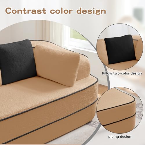 Image of KEIKI Modular Boneless Sectional Teddy Sofa Couch with Chaise for Living Room, Oversized 77.2 inch Loveseat Chaise Lounge Indoor for Small Spaces, Modern Comfy Studio Apartment Essentials Couch, Camel