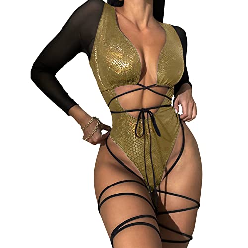 RARITYUS Women Rave Snakeskin Front Buckle Sheer Bodysuit Halterneck Swimsuit Long Sleeve for Dance Party Clubwear