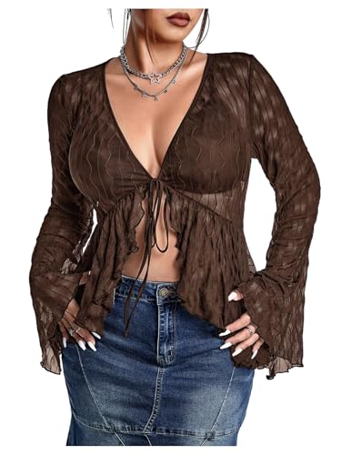 WDIRARA Women's Plus Size Sheer Mesh Tie Front Shirt Sexy Deep V Neck Long Bell Sleeve Tee Tops