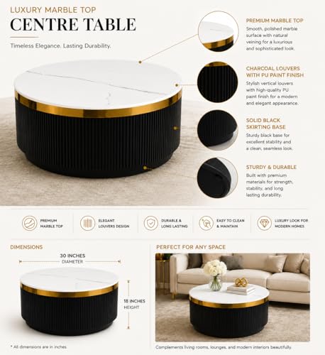 Image of Modern Round Centre Table - 76x76x46 cm | White Marble Top with Gold Accent Strip & Charcoal Louvers | Luxury Coffee & Tea Table for Living Room, Lounge & Entryway (Black)