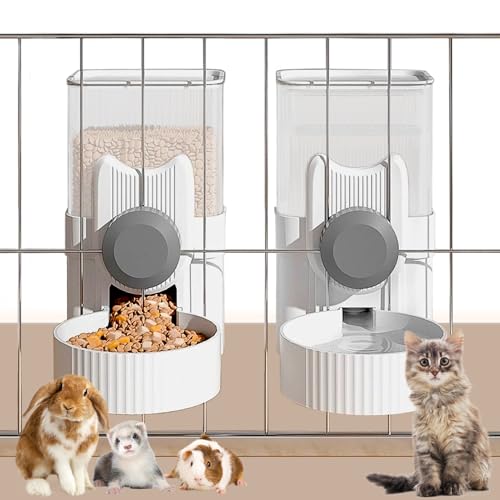 kathson Hanging Automatic Pet Food and Water Dispenser Gravity Auto Rabbit Feeder for Cage Guinea Pig Feeder and Waterer Set Cat Food Bowl Dog Feeding Station for Bunny Ferret Chinchilla (Grey)