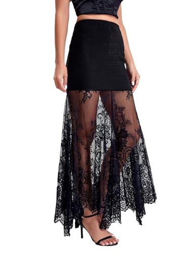 Women's Floral Lace Maxi Skirt Sheer Mesh High Waisted Fishtail Skirts