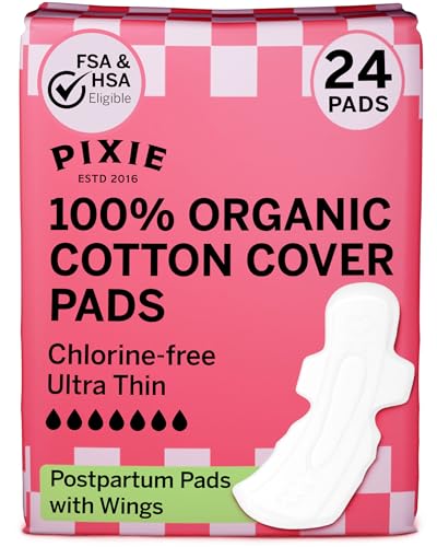 Image of Pixie Organic Cotton Ultra-Thin Extra Long Overnight Pads for Women – Maximum Absorbency with Wings – Leak-Proof, Hypoallergenic, Unscented, Postpartum – Compostable, Biodegradable – 24 Count