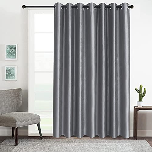 Image of GYROHOME Extra Wide Blackout Curtain for Sliding Glass Door, Faux Silk Blackout Curtains (Beige Liner) Fully Lined Solid Window Treatment Drapes (1Panel,100x120inch,Sliver Gray)
