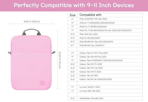 Image of Dadanism 9-11 Inch Tablet Sleeve Bag Carrying Case with Shoulder Strap for iPad (A16) 11 inch, iPad 10th Gen 10.9 inch, iPad Air M4 /Pro M5 11 inch, iPad 9 /8 /7th 10.2 inch, Galaxy Tab A11+ Plus 11 inch, Flowers Pink