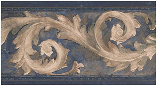 Prepasted Wallpaper Border - Beige Damask Vine Dark Blue Wall Border Retro Design, Roll 15 ft. x 7 in.