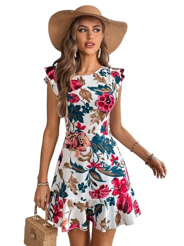 Image of Shasmi Girl's & Women's Floral Print Cap Sleeve Ruffle Trim Short Dress Summer Boho One Piece Mini Dress for Women Stylish Dresses (Midi 170)