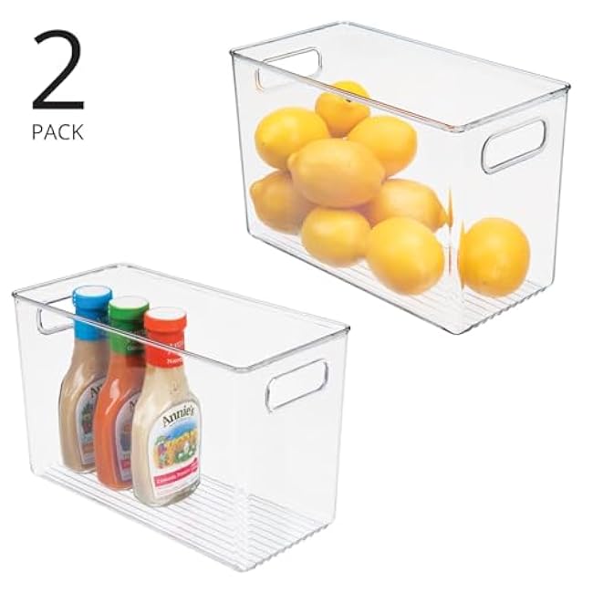 mDesign Plastic Storage Box ¨C Narrow Open-Top Fridge Organiser Tray with Handle ¨C Can Be Used as Fridge Tray, Shelf Box or for Cupboard Storage ¨C Pack of 2 ¡ª Clear
