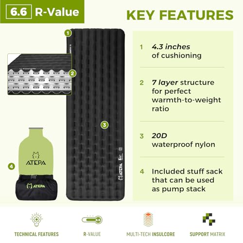 Image of ATEPA ThermAir Pro Insulated Sleeping Pad for Backpacking, 6.6 R-Value 4 inch Thick Ultralight Quiet Camping Air Mattress with Pump Sack, Wide Long 77 inchx25 inch, 4-Season Sleeping Mat for Hiking Travel, Black