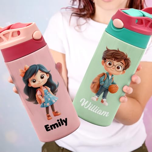 Image of callie Personalized Insulated Kids Water Bottle with Cartoon Character, Custom 12 oz Leak Proof Lid Stainless Steel Cups with Straw, Gifts for Boys Girls