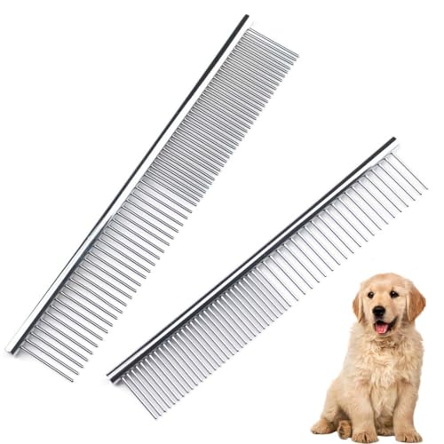 3 Piezas Peines para Perros Gatos, Grooming Peine para Perros, Mascotas Peine, Peine de Perros de Acero Inoxidable para Eliminar Nudos y Pelos Enredados,2 en 1 Peines para Perros Gatos