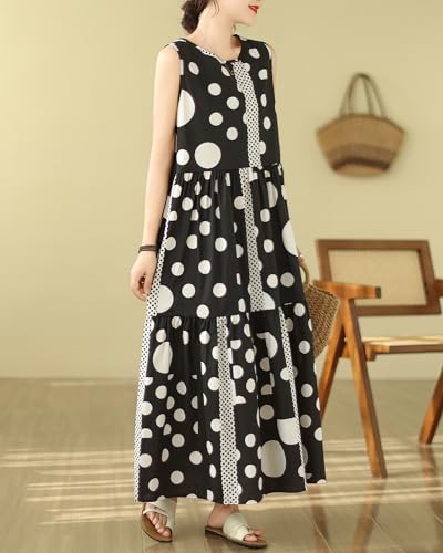 Image of ellazhu Women's Sleeveless Maxi Length Boho Casual Polka Dot Print Dress GA2730 A