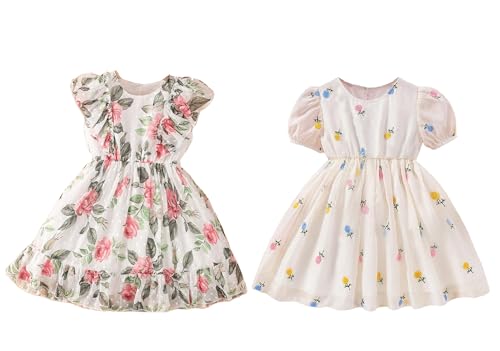 Image of TAGAS Girls Swiss Dot Floral Print Dress Sleeve Less Round Neck Elastic Waist Dress for Girls(KD-399)