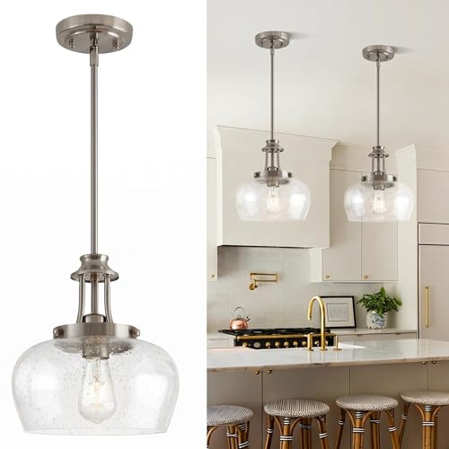 Image of Modern Pendant Lights Kitchen Island, Brushed Nickel Pendant Light Fixtures with 10 inch Clear Air Bubble Glass Shade, Industrial Hanging Pendant Lights Fixture for Kitchen Island Dining Room Entryway