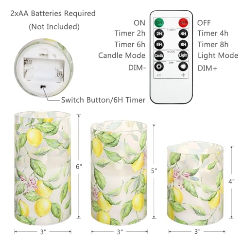 Image of Lemon Glass Flameless Candles with Remote Timer Battery Operated LED Flicker Real Wax Pillar Candles Spring Summer Lemonade Party Kitchen Table Dinner Christmas Holiday Decor D3 x H4, 5 inch, 6 inch