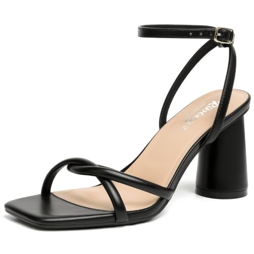 Image of RIBONGZ Block Heels Prom Heeled Sandals for Women Chunky Square Open Toe Strappy High Heels Ankle Strap Wedding Bridal Shoes High Heel Sandals for Party Dress