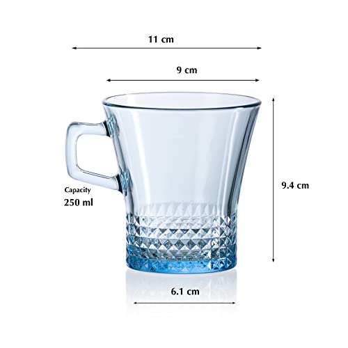 Image of Pasabahce Kuvars Mug from House of Pasabahce The Original Pasabahce from Turkey, Blue Transparent Kuvars Mugs, 250 ml in Set of 6 Pcs, Perfect fit for Tea /Coffee.