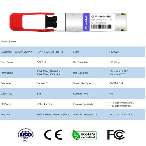 Image of QSFP28 100G ER4 Lite Transceiver Module,Compatible with Palo Alto Networks PAN-100G-QSFP28-ER4 100GBASE-ER4 QSFP28 1310nm LAN WDM 40km with FEC,30km Without FEC LC SMF DDM