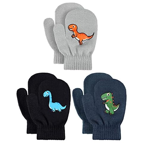 3 Pairs Kids Winter Mittens Winter Stretchy Knit Gloves Dinosaur Warm Mittens Full Finger Kids Gloves for Boys Girls Baby (Stylish Style) Cover