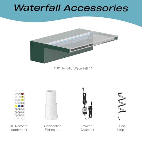 Image of Acrylic Pool Fountain Waterfall with LED Lights - 11.8 inch LED Strip Remote Control with 18 Colors, Smooth Water Flow & Cascade Blade, Easy Installation for Outdoor, Garden, Patio & Ponds