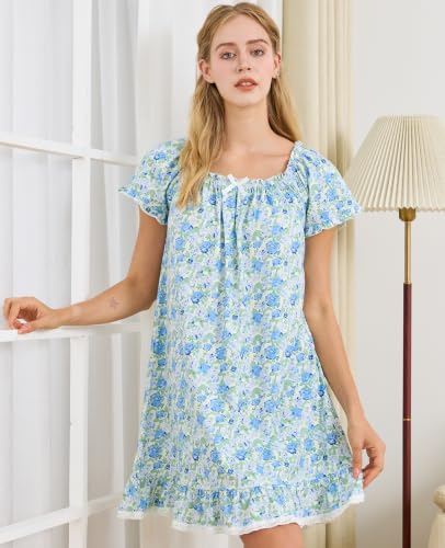 Image of Nanxson Women's Cotton Nightgown Short Sleeve Sleepwear Vintage Nightshirt | Summer Victorian Sleepdress,White Sleepshirt,U Neck Lace Loungewear,Soft Nightshirt,Loose Loungedress,Bride Nightwear