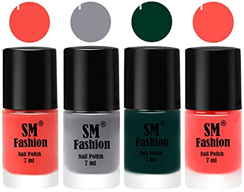 Image of Nail Polish Combo Set (Pack of 4) Quick Dry Gel Finish Nail Paint | Coral,Gray,Dark Green,Baby Pink | 7 ml Each
