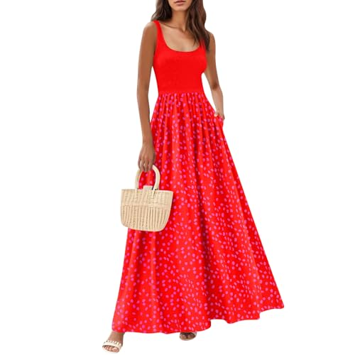 Maxikleid Damen Sommer Elegant Blumenkleid Ärmellos A Linie Mit Taschen Sommerkleid Damen Lang Schwingen Sommerkleider Leicht Und Luftig Blumen...