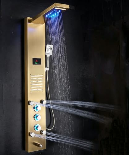 Image of ELLO&ALLO LED Stainless Steel Bathroom Shower Panel Tower System, Rainfall Waterfall Shower Head Rain Massage System with Body Jets, Brushed Gold