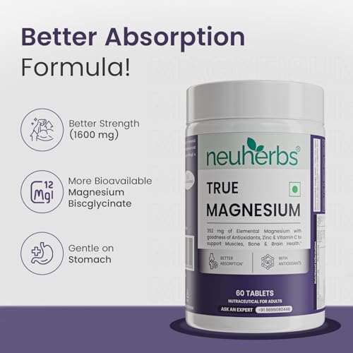 Image of Neuherbs Magnesium Bisglycinate Tablets 1600mg | Chelated High Absorption Form True Magnesium with Zinc & Vitamin C | Supports Sleep, Muscle Recovery & Joint Health | 60 Tablets