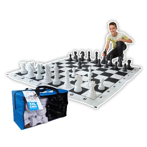 alldoro 60080 - Ajedrez para jardín, juego de ajedrez al aire libre, con 32 figuras de ajedrez, compartimento gigante con bolsa de transporte, gran alfombra de jardín