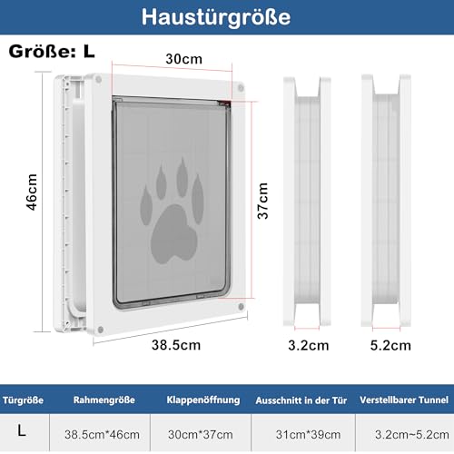 CEESC Große Hundeklappe für Haustiere bis 45 kg, wetterfeste Tierklappe für Katzen und Hunde, langlebig, inklusive Einrast-Verschlussplatte, geeignet für Innen- und Außentüren (Groß, Weiß)
