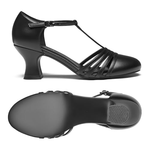 YESSA 1920s Shoes for Women Leather/Satin Ballroom Dance Shoes,T-Strap Character Shoes,2"/2.5" Dancing Pumps for Latin Salsa2