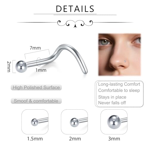 D.Bella 18G 20G Nose Studs Stainless Steel Screw Nose Rings Studs Nostrial Piercing Jewelry for Women Men 1.5MM 2MM 2.5MM 3MM2