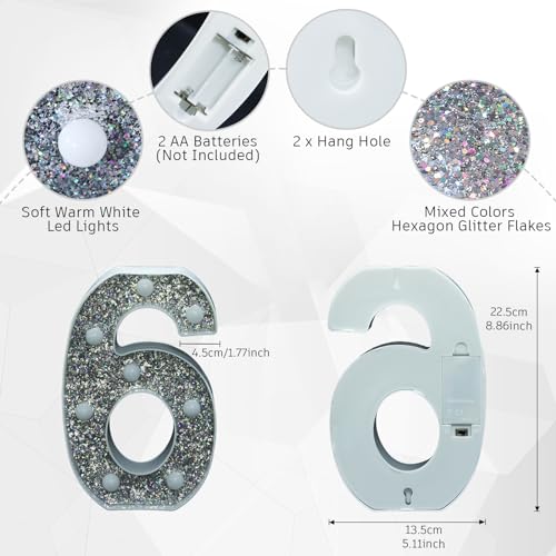 Image of Light Up Letters, Marquee Light Letter for Table Decorations, Glitter Light Up Signs for Prom, Events, or Engagement Party Decor, Featuring Alphabet & Number Lighted Letters, Number 6