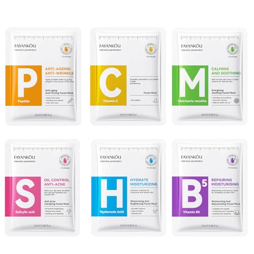 6 Pezzi Daily Care Maschera Viso in Tessuto, con Acido Ialuronico, Peptidi, Vitamina C, Vitamina B5 ed Estratto di Camomilla, Maschera Viso Idratante, Maschere viso Coreane