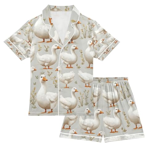 senya Cute Fat Geese Satin Summer Pajama Sets Silk Short Sleeve Button Down Sleepwear