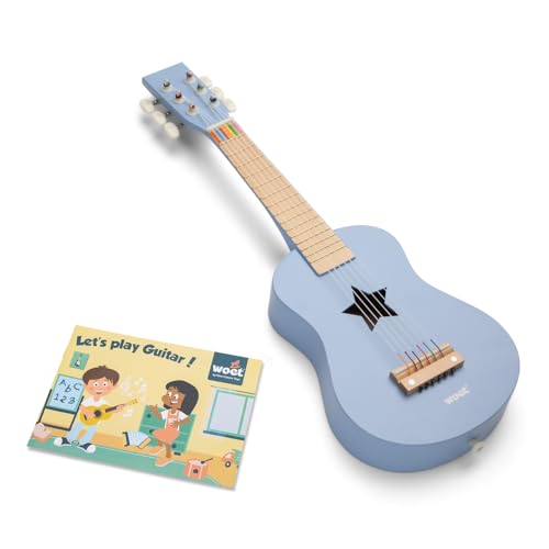 Guitarra de juguete de madera azul Woet con 6 cuerdas de nailon para niños desde 3 años