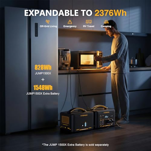 Image of VTOMAN Jump1500X 1500W Portable Power Station, 828Wh LiFePO4 Battery | Solar Generator with Jump Start, 100W PD Type-C and Expandable 2376wh Capacity for Camping RV Home Backup