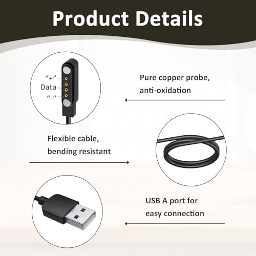 2 Piezas Cable Cargador Reloj Inteligente 4 Pines 7.62 mm, Cargador Smartwatch, USB Cable de Carga Magnetico de Alta Estabilidad para Carga Segura y Rápida- Accesorios de Smartwatch - imagen 3
