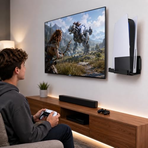 Image of PS5 Wall Mount Stand for PlayStation 5 & PS5 Slim Disc /Digital Edition Consoles, Heavy Duty Wall Mount Bracket, Space Saving Vertical Console Holder Rack, Black