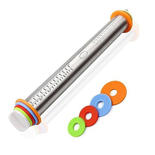 HomeYoo Rouleau à pâtisserie réglable, Métal Acier Inoxydable Métal Rolling Pins avec Amovible Épaisseur Anneaux Guides pour Fondant, croûte à Tarte, Moule à Tarte Pâte à Pizza Cookies (Adjustable)