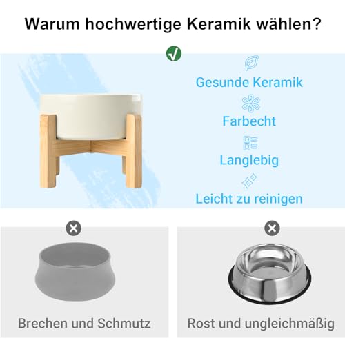 SPUNKYJUNKY Hundenapf Keramik Erhöhter Futternapf Set mit Bambus Ständer für Katzen und Hunde (400ml, Beige)