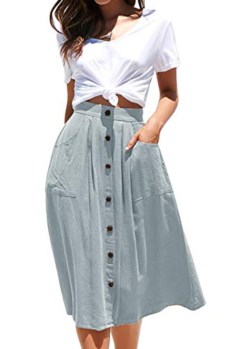 HENGAO Women s Midi Skirt Casual A Line Front Button High Waist Skirts with Pockets, 1- Light Blue, M
