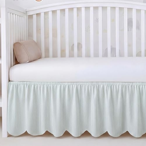 Mindsoft Green Scallop Edge Cotton Crib Skirt Ticking Strip Farmhouse Chic Nursery Bed Skirt Gender Neutral for Baby Boys Girls Fits Standard Cribs Toddler Beds 52 x 28 x 16 Drop