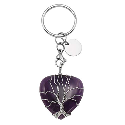 CrystalTears - Llavero con árbol de la vida con colgante en forma de corazón, piedra natural, cierre para langosta de color plateado Amatista