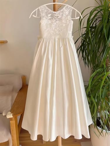 Lace Applique Flower Girl Dress for Wedding Kids Soft Satin Long Princess Pageant Bowknot Pearls Prom Ball Gowns2